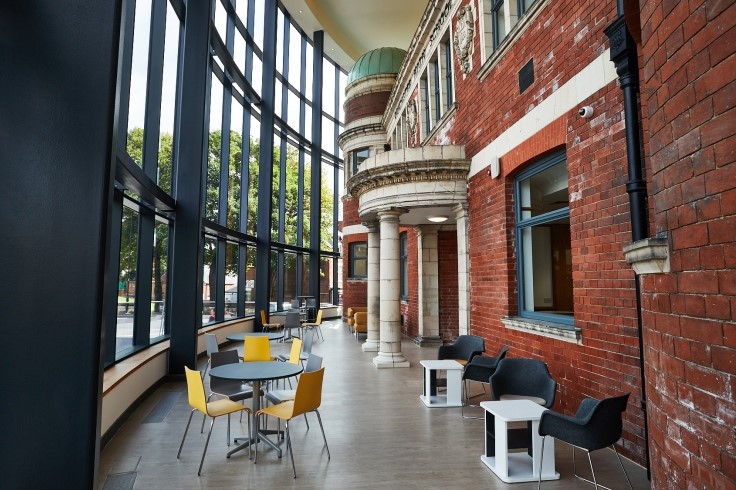 Frontage and seating at DGLAM showing old Girls School preserved building